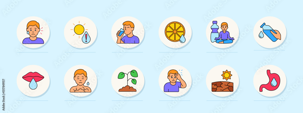 Dehydration set icon. Dryness, heat, thirst, drinking, juice, water bottle, meditation, lips, skin, plant, confusion, cracked ground, stomach, hydration balance, summer heat. Dehydration set icon. Dryness, heat, thirst, drinking, juice, water bottle, meditation, lips, skin, plant, confusion, cracked ground, stomach, hydration balance, summer heat.
