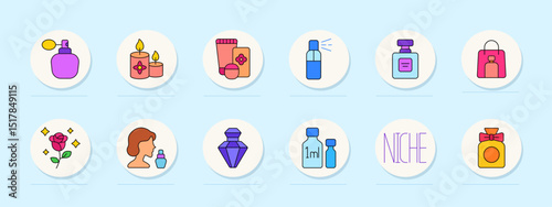 Perfumery set icon. Atomizer, candles, cosmetics, spray, flacon, gift bag, rose, woman, crystal bottle, sample set, niche fragrance, bow, scent, presentation, skincare.