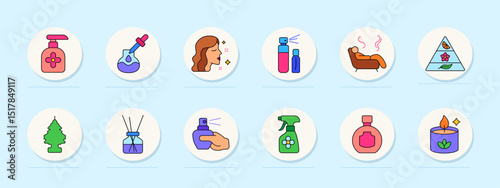 Perfumery set icon. Dispenser, pipette, smell, woman face, duo bottle, sofa, pyramid, tree scent, diffuser, hand spray, home fragrance, bottle, candle, floral base, notes.