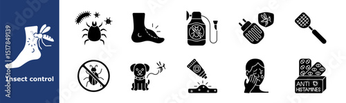 Insect control set icon. Mosquito bite, tick, foot irritation, repellent bottle, device, swatter, bug warning, dog protection, cream, allergy, antihistamine, skin defense, insect threat.