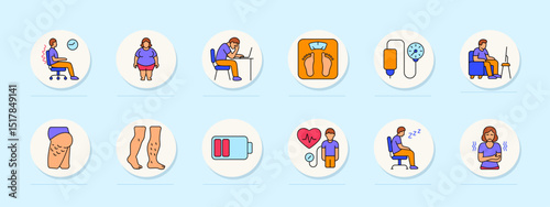 Sedentary lifestyle set icon. Office chair, obesity, fatigue, scale, IV bag, TV watching, cellulite, legs, low energy, pressure, sleepiness, chills, sitting problem, inactivity symptoms.