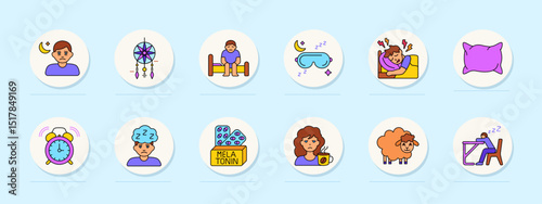 Sleep aid set icon. Night sadness, dreamcatcher, tiredness, sleeping mask, nightmares, pillow, alarm, sleep disorder, melatonin, herbal tea, sheep, desk nap.