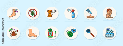Insect control set icon. Mosquito bite, bug danger, pet risk, repellent spray, rash cream, allergy, insect reaction, tick, itch, poison, electric trap, antihistamines.