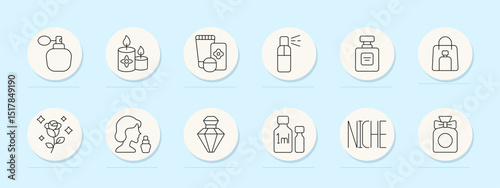 Perfumery set icon. Atomizer, candles, body care, spray bottle, perfume flask, gift bag, rose flower, face, crystal bottle, sample vials, fragrance label, elegant packaging.