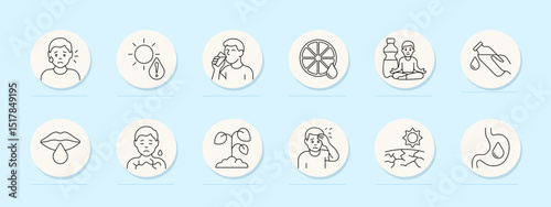 Dehydration set icon. Dry face, sun danger, thirst, drinking water, citrus hydration, meditation, dry lips, skin, wilted plant, dizziness, dry ground, fluid loss.