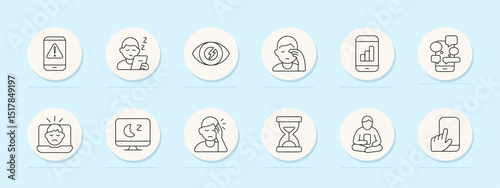 Screen fatigue set icon. Mobile alert, phone use, eye strain, headache, analytics overload, message flood, sad face, sleepless monitor, tiredness, waiting, meditation, touch input.
