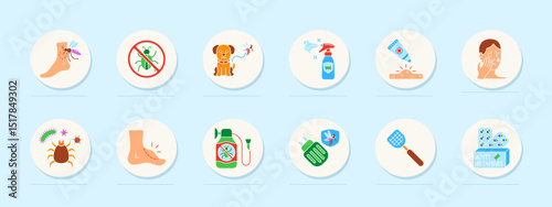 Insect allergy set icon. Mosquito bite, pest control, pet danger, repellent, skin rash, allergic face, mite, itch, swelling, poison sprayer, plug-in trap, antihistamines.