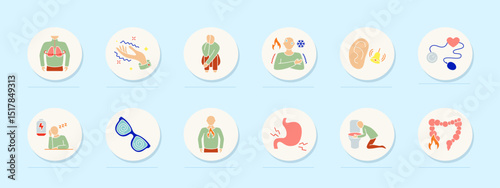 Panic disorder set icon. Lung stress, hand spasm, fear pose, cold heat, hearing signal, blood pressure, fatigue, confusion, chest burn, stomach cramp, vomiting, colon pain