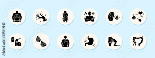 Digestive health set icon. Chest pain, hand skin, urge, cold hot sensation, ear, tonometer, tiredness, dizzy glasses, acid reflux, nausea, intestine burn.