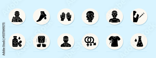 Hyperhidrosis set icon. Sweat, underarms, hands, face, athlete, injection, medicine, scale, doctor, hormone, shirt, lab test.