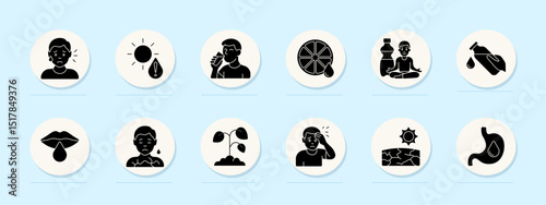 Dehydration circle icon. Tear, sun, drink, citrus, yoga, bottle, pour, lips, dry skin, wilted plant, headache, stomach.