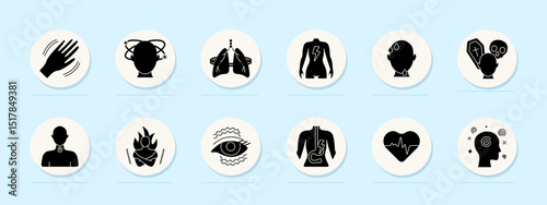 Neurological disorder set icon. Tremor, dizziness, lungs, body pain, sweat, fear, throat signal, fire body, eye twitch, gut pain, toilet, colon burn.
