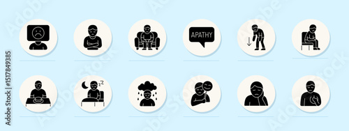 Depression set icon. Sadness, apathy, tired face, loneliness, mood drop, loss of interest, crying, masked emotion, fatigue, sleep change, appetite loss, self-isolation.