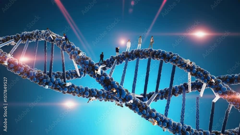 High detail 3D DNA double helix abstract professional human figures holding hands, figure uniquely roles designer, coder, leader, glowing particles symbolizing unity individuality, sleek tech look