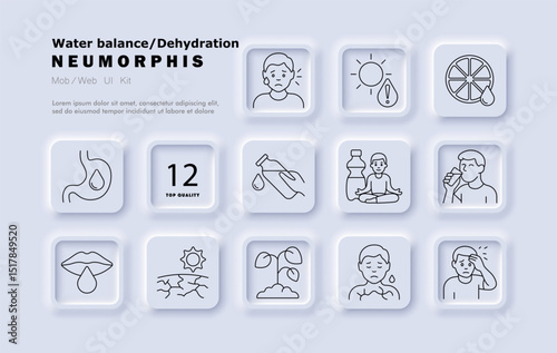 Dehydration line icon. Sweat, thirst, sunburn, cracked skin, citrus, water bottle, lips, wilted plant, dry mouth, yoga, headache, stomach ache.