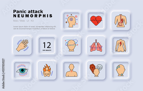 Panic attack set icon. Breathing issue, bowel cramp, dizziness, fainting, body heat, fear, confusion, medication, vision blur, heart pressure, ear ringing, exhaustion.