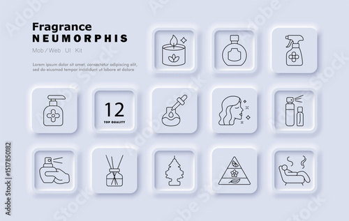 Fragrance set icon. Candle, sprayer, perfume, oil bottle, diffuser, air freshener, scent pyramid, pine tree, atomizer, cosmetic, aroma therapy, woman, relaxation.