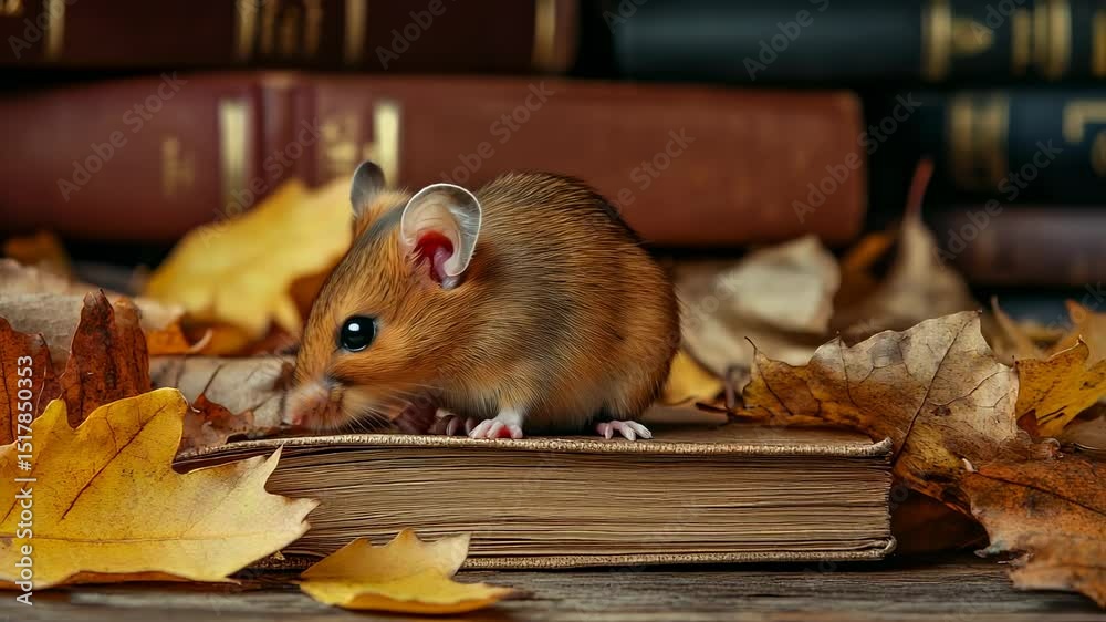 A captivating portrait of a curious mouse nestled amidst autumn leaves and vintage books, embodying the charm of fall