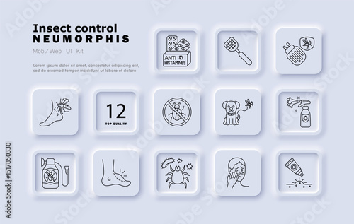 Insect control set icon. Bite, fly swatter, antihistamine pills, electric trap, bug repellent, spray, sting reaction, irritated skin, rash, allergy, dog protection.