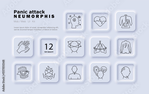 Panic attack set icon. Dizziness, trembling, chest tension, fear, heart race, eyestrain, overwhelmed state, spinning head, hyperventilation, anxiety, shock, alertness.
