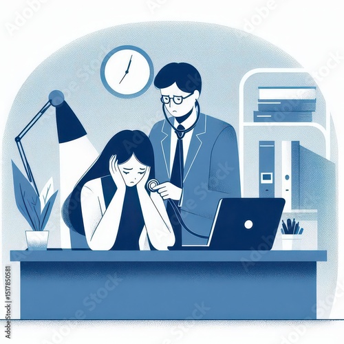 A man and woman sitting at a desk with a stethoscope