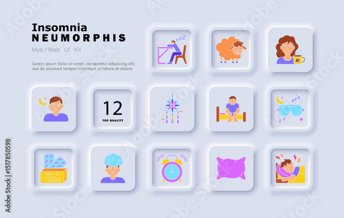 Insomnia set icon. Sleepless man, bedtime, cup, mask, melatonin pills, dreamcatcher, alarm, pillow, night discomfort, tired face, restless child, fatigue expression.