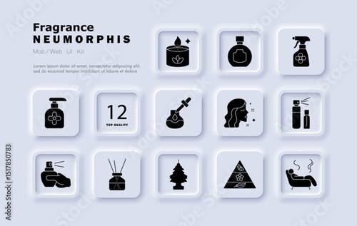 Fragrance set icon. Essential oil, aroma bottle, diffuser, woman with scent, pine tree freshener, perfume sprayer, rest zone, pyramid note, candle jar, home scent.