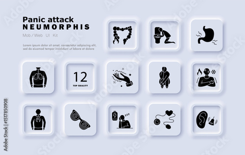Panic attack set icon. Lungs stress, gut burn, vomiting, stomach tension, cold sweat, dizzy hand, fear posture, body chills, visual distortion, exhaustion, heart monitor, ringing.