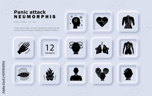 Panic attack set icon. Shaking hand, dizzy mind, fast heartbeat, digestive pain, lungs tension, muscle stress, eye spasm, chills, burning sensation, confusion, death fear, sweating.