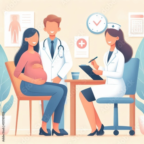 A pregnant woman sitting in a chair with a doctor and a woman