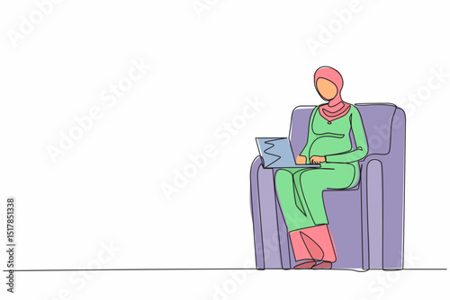 Continuous one line drawing healthy Arabian pregnant woman sitting on sofa at home working on her laptop during her maternity leave before giving birth to baby. Single line design vector illustration