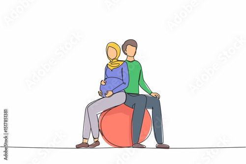 Continuous one line drawing expecting parents in yoga class for pregnant women. Man and Arab pregnant woman sitting in gymnasium ball. Paired yoga for pregnant women. Single line design vector graphic