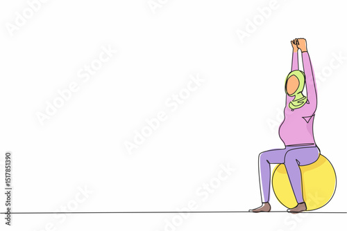 Single one line drawing yoga for Arab pregnant woman concept. Fitness sport during pregnancy. Healthy lifestyle and relaxation. Girl with fitness ball. Continuous line draw design vector illustration