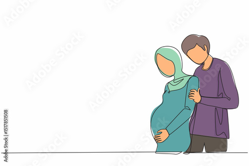 Continuous one line drawing young man carefully embraced Arabian pregnant woman. Husband and wife are expecting baby, young parents, family support. Single line draw design vector graphic illustration