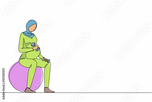 Single continuous line drawing beautiful Arabic pregnant woman exercises with fitball working out with light weights in the gym. fitness, pregnancy concept. One line graphic design vector illustration