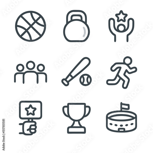 Sports icons featuring nine simple line icons of diverse athletic activities and sports; ideal for sports websites, infographics, and sportsrelated designs.