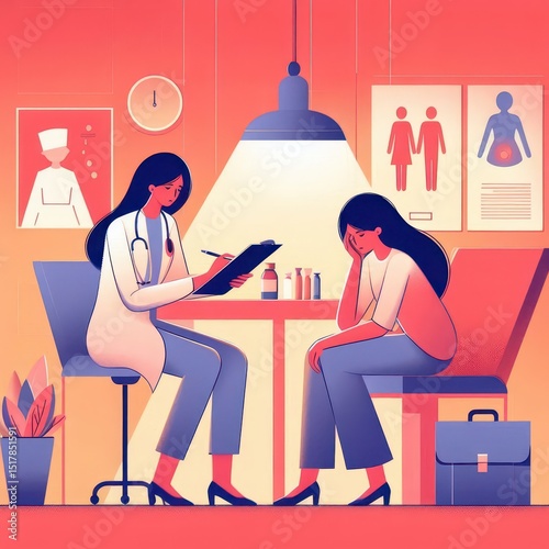 A woman sitting at a table with a doctor writing on a clipboard