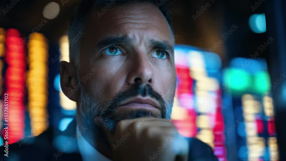 Thoughtful Businessman: A pensive, middle-aged man with a well-groomed beard gazes upwards, lost in thought amidst a backdrop of blurred lights.