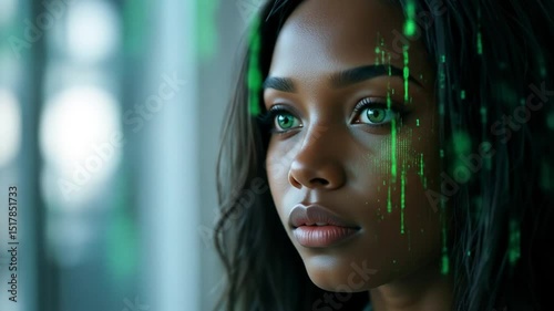 Black Woman Female It Specialist Face With Artificial Intelligence Green Virtual Code. 4k video