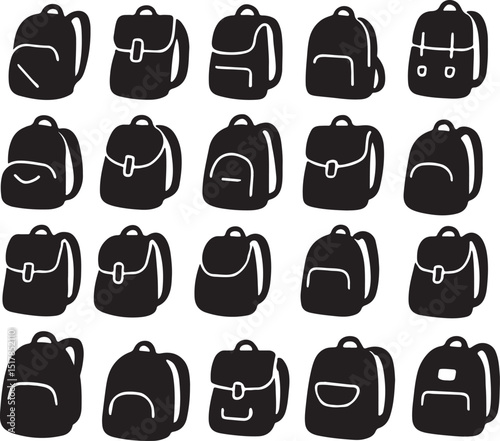 school bag icons, backpack silhouette, kids bag, student backpack, bag vector, education tools, school essentials, black icons, schoolboy bag, schoolgirl bag, zipper bag, cartoon bag, vector icon pack