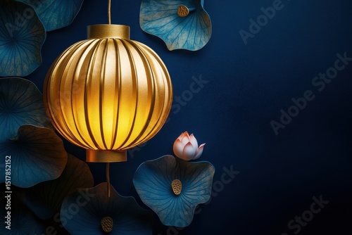 Golden paper lantern surrounded by stylized flowers on dark blue background photo