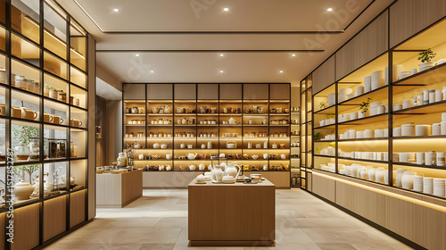 Modern Interior Design Of Empty Contemporary Store With Wooden Shelves And White Ceramics