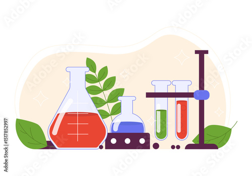 Set for chemical experiments. Glass bowls with liquids, wrinkled leaves. Science of chemistry. Vector graphics.