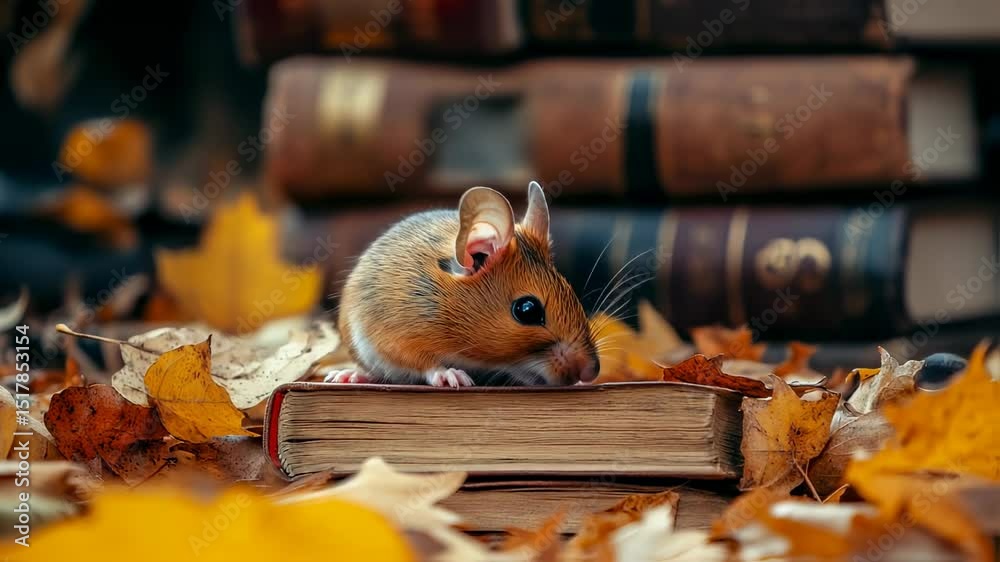 Autumnal scene showcases a curious field mouse perched atop a vintage book surrounded by vibrant fallen leaves