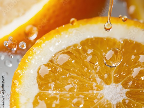 Close-up of juicy orange slice with water drops and citrus splash photo