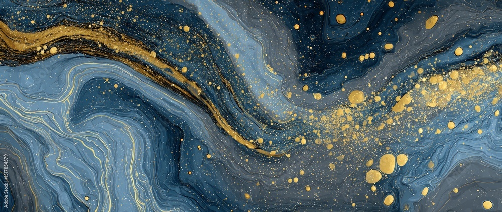 Fototapeta premium Abstract Blue and Gold Marbling Texture with Glitter
