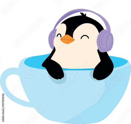 Penguin wearing headphones sitting inside a giant teacup