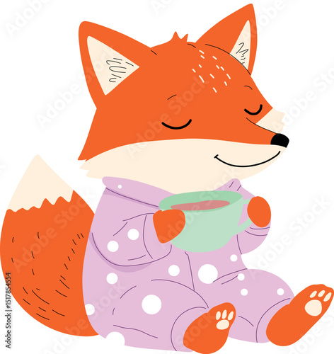 Fox in pajamas sipping tea