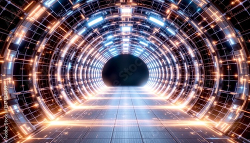 create an atmospheric wire frame design of a tunnel corridor with lights and shadows, suitable for a 3d illustration wallpaper background, using technical visual elements