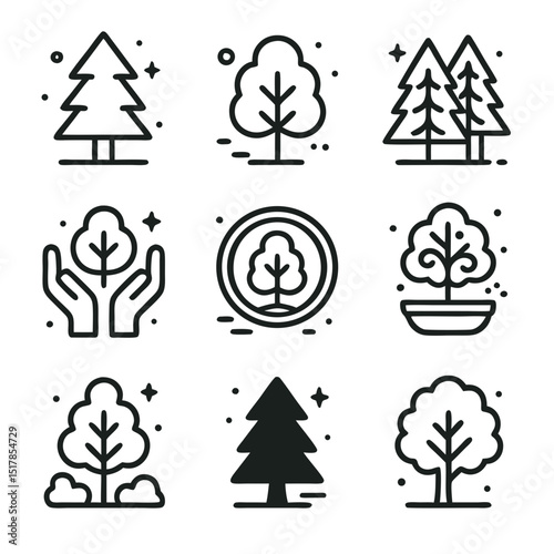 Tree icon features 9 simple line drawings of different trees and plants. Perfect for logos, naturerelated designs, educational materials, and environmental campaigns.